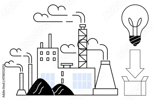 Factory with chimneys releasing smoke, innovative lightbulb above box, and coal piles. Ideal for energy, pollution, innovation, sustainability, industry, manufacturing eco-conscious production