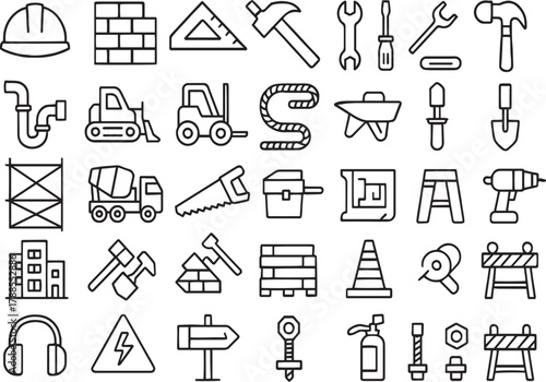 Construction and building tools and equipment line art icon set Vector