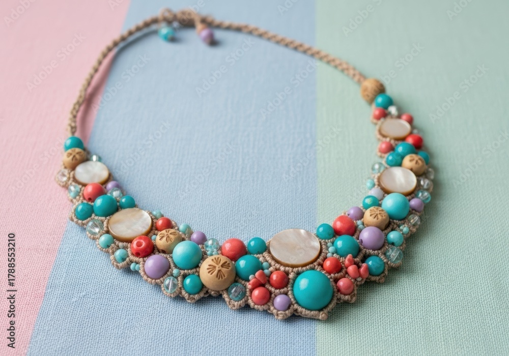 Obraz premium Bohemian beaded statement necklace with colorful stones and shells