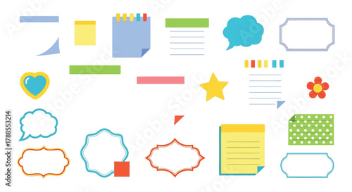 Collection of colorful sticky notes and paper elements for journaling and scrapbooking