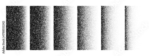 Black and white dot grain stipple noise vector gradient background set. Texture with random particles for design. Halftone pattern effect.
