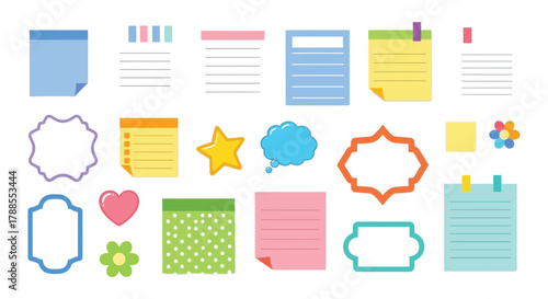 Collection of colorful sticky notes and paper memo pads with decorative elements for planning and organization