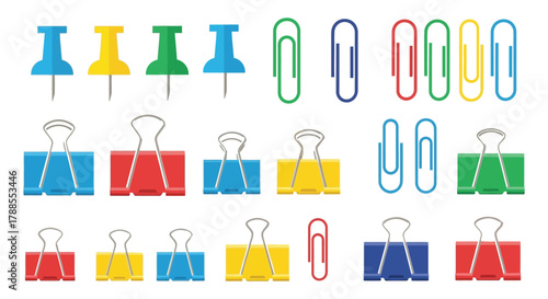 Collection of colorful office supplies including push pins paper clips binder clips and bulldog clips on a white background