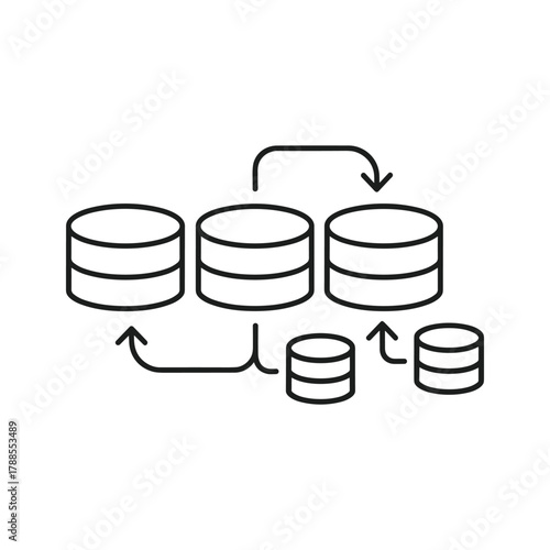 Database icon with arrows showing data flow and synchronization between different sizes