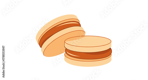 Alfajores cookies hugging caramel center geometric vector, sweet mood, soft curves, white background, with copy space