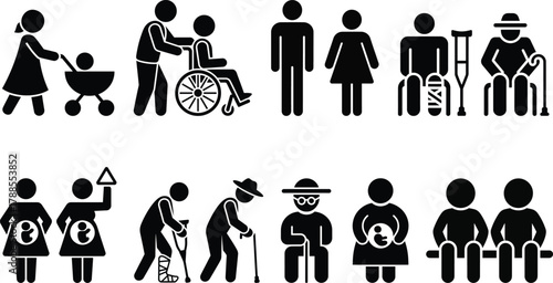 Human life stages, conditions, and diverse people icon set on white