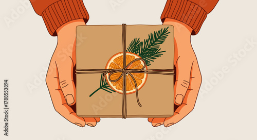 Hands holding wrapped gift with kraft paper and dried orange, flat cozy illustration on white background, warm and festive concept 