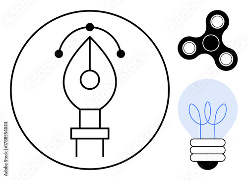 Pen nib with bezier handles signifying design, fidget spinner for concentration, and lightbulb for ideas. Ideal for creativity, innovation, productivity, design, focus, brainstorming simplicity
