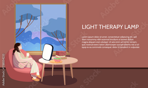 Woman in striped pajamas using light therapy lamp by winter window for seasonal affective disorder treatment in cozy room interior banner