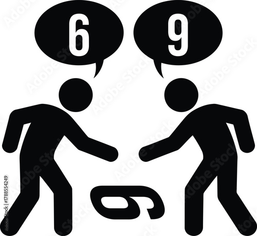 Perspective conflict, two figures debate number six or nine concept
