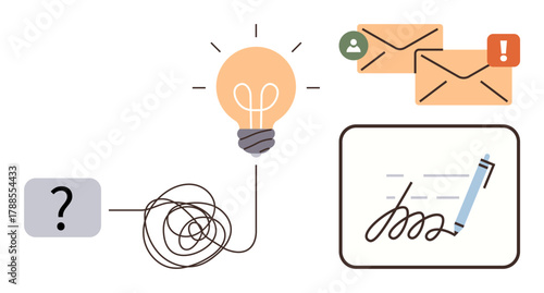 Tangled path leading to light bulb, emails with alerts, signature and pen. Ideal for innovation, communication, problem resolution, creativity, solutions organization productivity. Simple flat