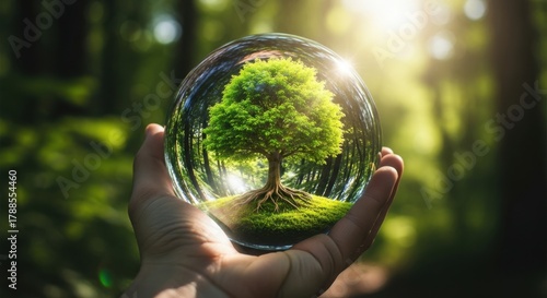 Lush green tree growing inside crystal ball held in hand