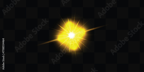 Bright star glare gold star. Light flare effect.Bright gold laser light beams create a glowing starburst effect against a dark background, Glow light effect, Starburst with sparkles.