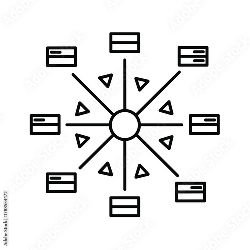 Central circle connected to multiple database cylinders and triangles, representing data distribution and network