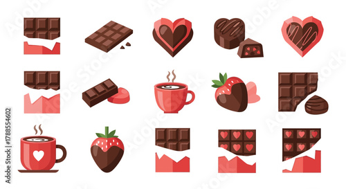 Collection of sweet chocolate treats including bars hearts strawberries and hot cocoa cups