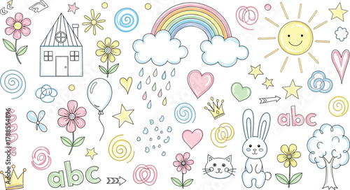Cute Hand Drawn Doodle with Rainbow Sun House Flowers Hearts and Animals on White