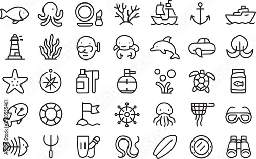 Marine ocean sea life and nautical adventure black line icons Vector