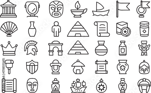 Ancient history and civilization outline icons set for web design Vector