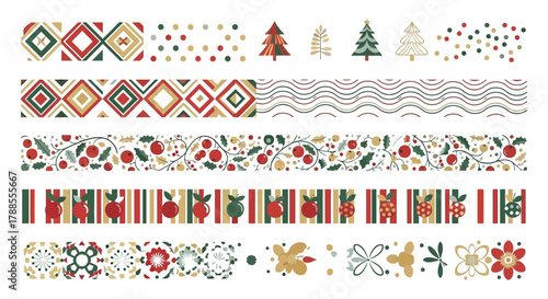 Collection of festive christmas washi tapes with various holiday patterns and designs
