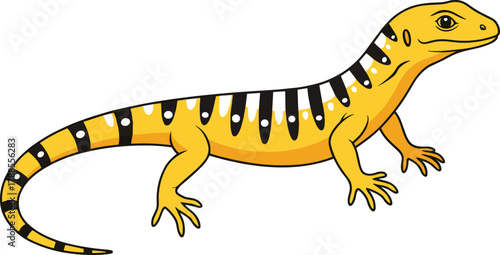 Cartoon lizard with striped tail and spotted body, vector illustration for wildlife education, stylized reptile concept, and nature awareness