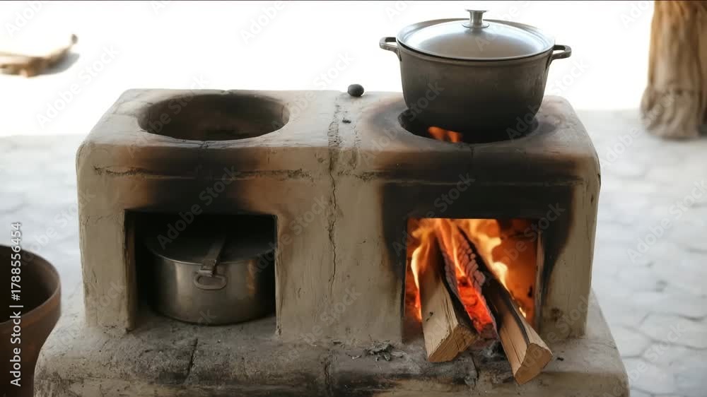 Traditional clay stove with a pot over a fire Keywords: clay stove ...