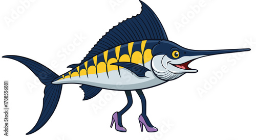 Cartoon marlin with human legs in high heels, vector illustration for humorous marine character, surreal fashion concept, and editorial design