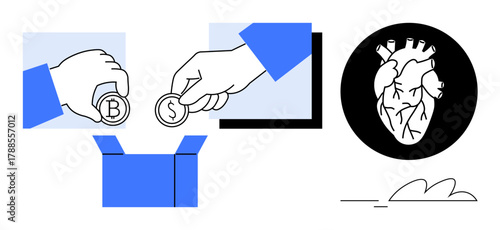 Hands place monetary coins into a box, framed by a medically detailed heart graphic, representing giving, compassion, and purpose. Ideal for charity, donations, healthcare, altruism community