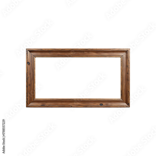 Antique brown wooden picture frame with an empty border isolated on white background for photo design and wall decoration
