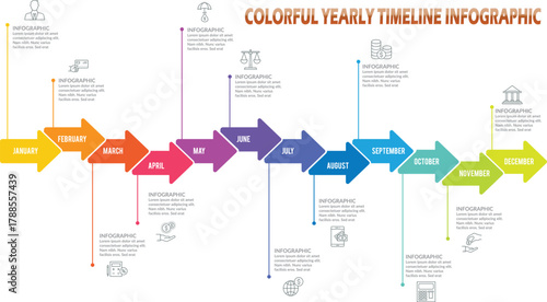 Colorful Yearly Timeline Infographic With Arrow Milestones From January To December for Business Planning, Annual Report, and Project Schedule
