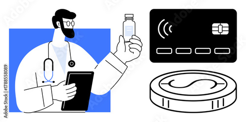 Doctor holding vaccine vial and tablet, next to digital payment card and coin. Ideal for healthcare cost, accessibility, digital payments, medical innovation, remote consultations, pandemic
