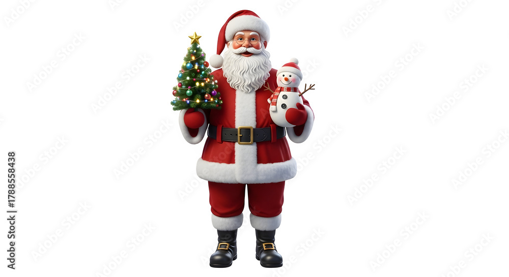 Fototapeta premium Santa claus holding christmas tree and snowman isolated on transparent background
