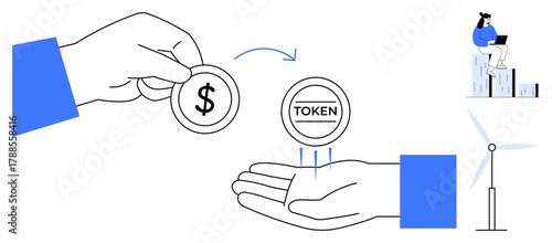 Hand giving dollar coin in exchange for token, wind turbine, sitting woman analyzing data. Ideal for finance, trade, investment, tokenization, analytics renewable energy fintech. Minimal simple
