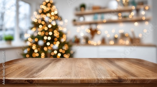 A warm and inviting space features a wooden table in front of a Christmas tree and large windows that bring in natural light during winter