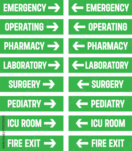 directional hospital and medical facility signage collection with left and right arrows in green and white
