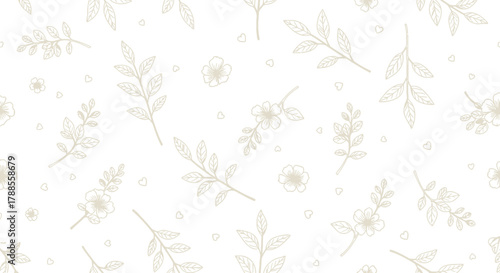 Delicate Botanical Pattern with Flowers, Leaves, and Hearts on White Background