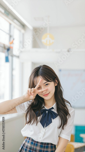 Energetic Asian schoolgirl in uniform gives peace sign and covers eye with playful smirk in bright blurred classroom Free Download Energetic Asian schoolgirl in uniform gives peace sign and covers eye with playful smirk in bright blurred classroom - GFXLoad