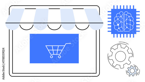Digital storefront with a shopping cart symbol, AI brain chip, and gears representing technology and automation. Ideal for e-commerce, AI, retail innovation, machine learning, technology, business