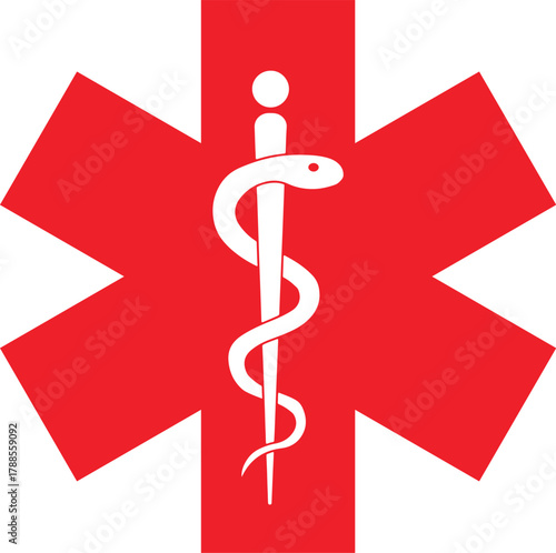 star of life medical emergency symbol with rod of asclepius vector illustration in red and white