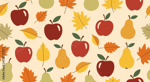 Autumn Harvest Seamless Pattern Apples Pears and Fall Leaves american football