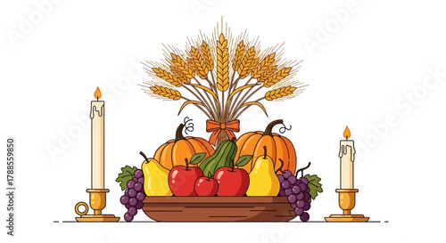 Thanksgiving Harvest Arrangement Pumpkins Wheat Fruits and Candles american football