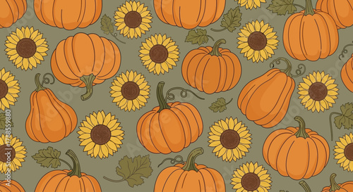 Autumn Harvest Pattern Pumpkins and Sunflowers on Green Background american football