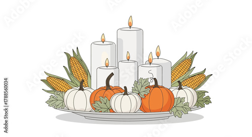 Thanksgiving Centerpiece Candles Pumpkins and Corn on a White Plate american football