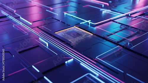 Futuristic technology circuit board with neon lights cyberspace theme