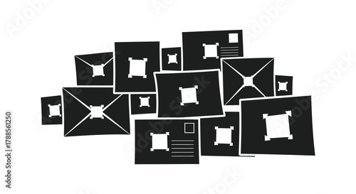 Collection of hand drawn black and white envelopes and postcards scattered in a pile