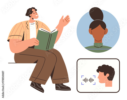 Man reading a book aloud while digital voice recognition processes speech. Includes profile portraits, illustrated communication themes. Ideal for education, storytelling, learning, remote work
