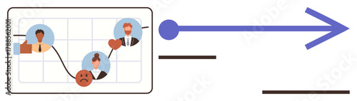 Graph with emotional journey, team members faces, and upward arrow representing growth, progress, teamwork. Ideal for leadership, data analysis, business strategy, growth decision-making