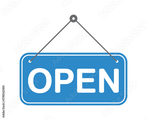 Open signboard vector illustration hanging with rope on white background for business advertising store showing working status