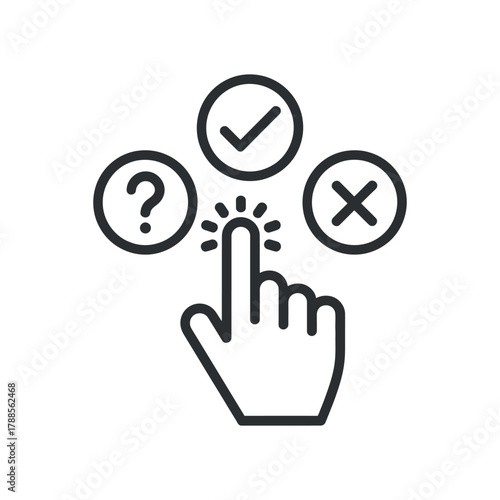Choice and decision icon showing hand clicking between options to choose an alternative on virtual interface 120 characters