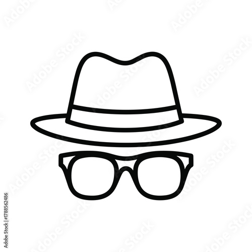 Icon of a fedora hat and glasses, symbolizing mystery, disguise, or a detective