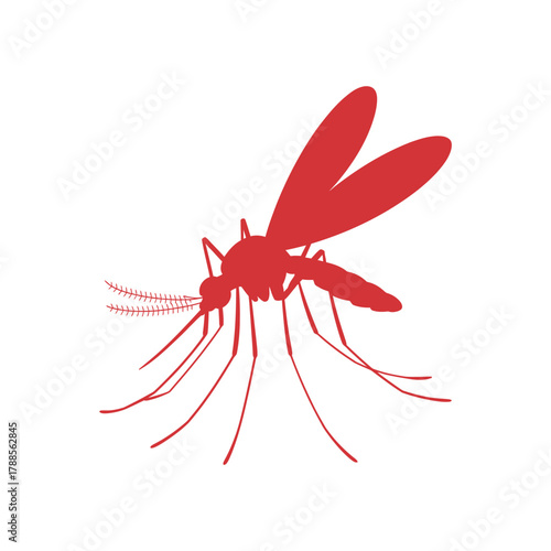 Red Silhouette of Mosquito Insect with Long Proboscis Antennae and Legs Vector Icon on Transparent Background Simple Design